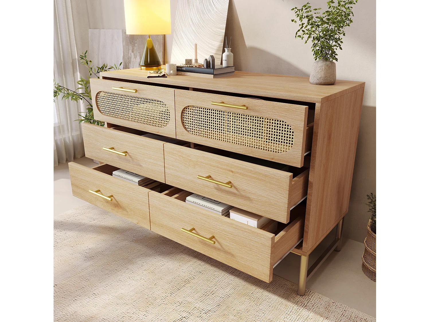 Buffet 120x40x74 cm avec 6 tiroirs - meuble de rangement en bois design rotin - poignées métalliques - chêne