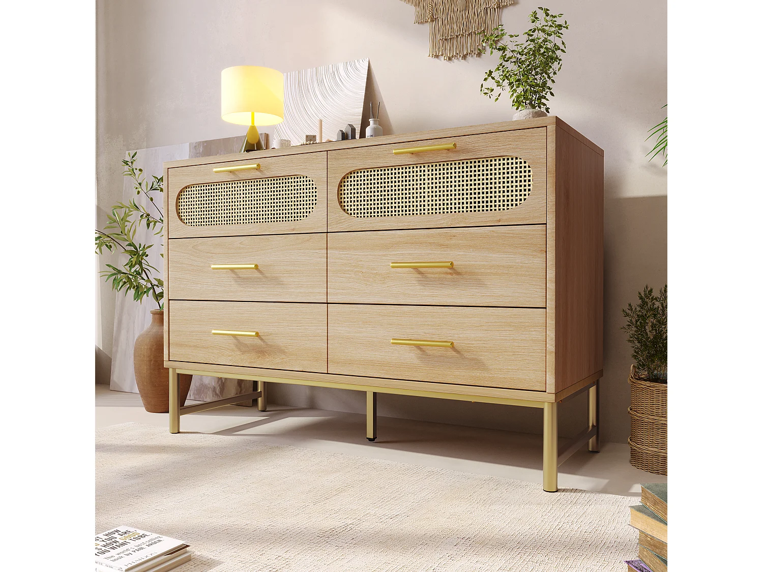 Buffet 120x40x74 cm avec 6 tiroirs - meuble de rangement en bois design rotin - poignées métalliques - chêne