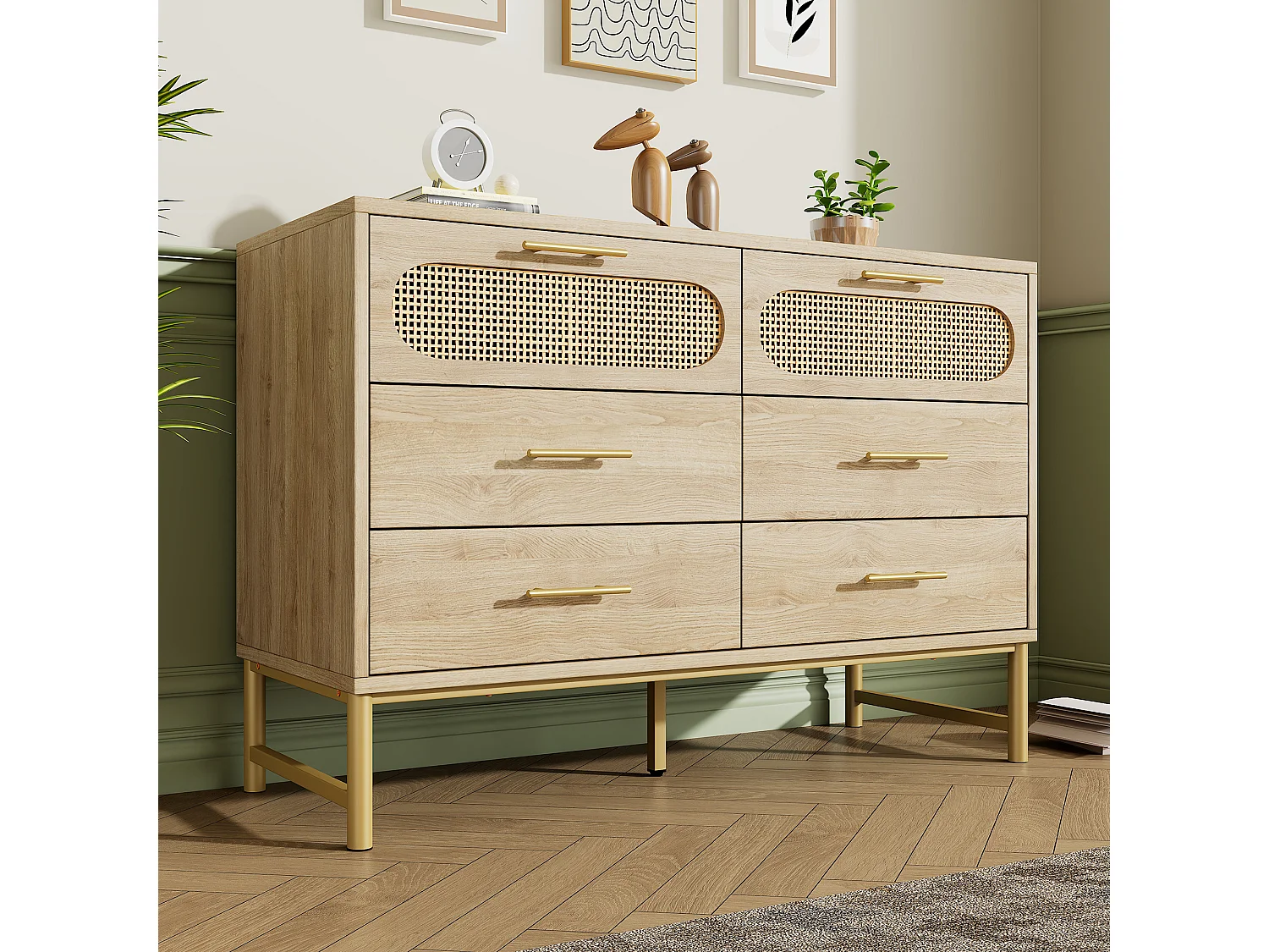 Buffet 120x40x74 cm avec 6 tiroirs - meuble de rangement en bois design rotin - poignées métalliques - chêne