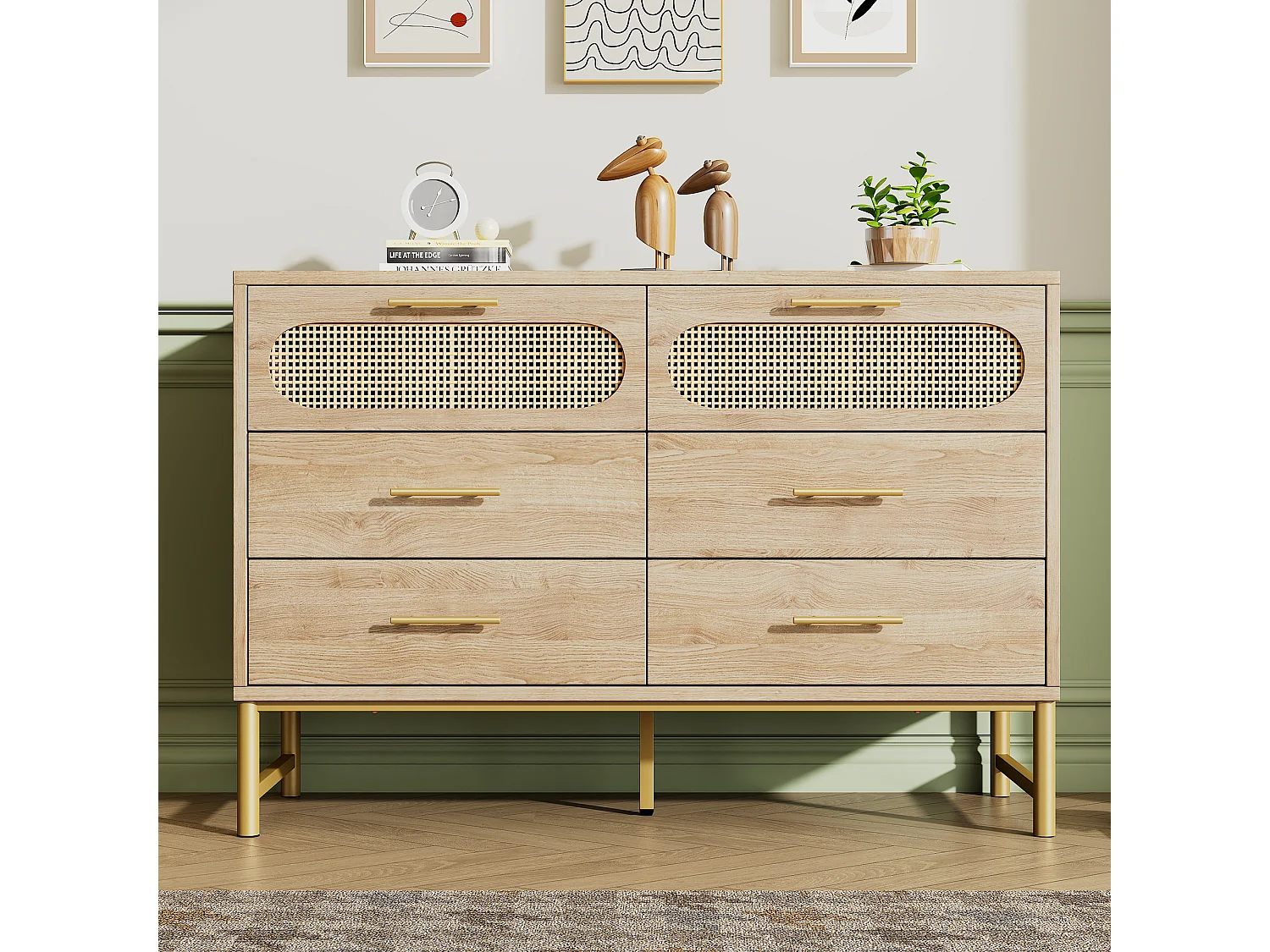 Commode 120x40x74 cm, aspect rotin, pieds métalliques réglables, anti-basculement, métal et panneaux de particules chêne