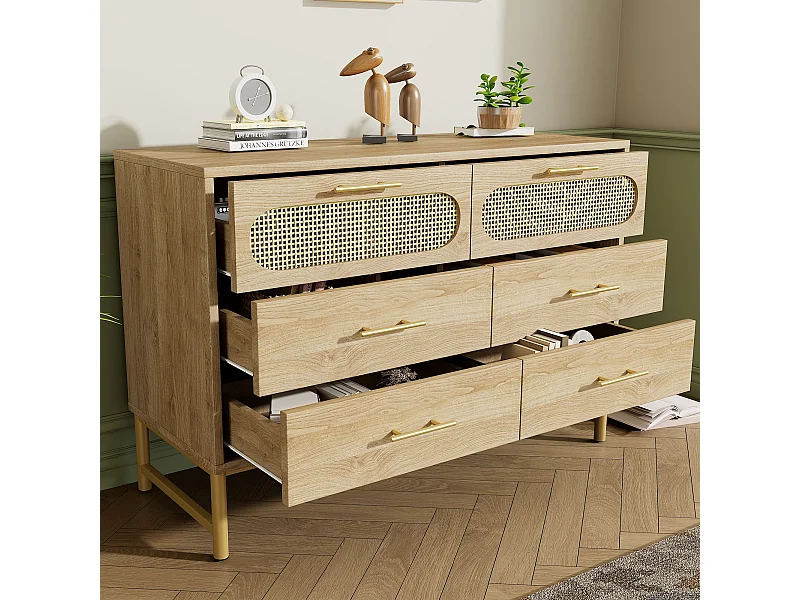 Buffet 120x40x74 cm avec 6 tiroirs - meuble de rangement en bois design rotin - poignées métalliques - chêne