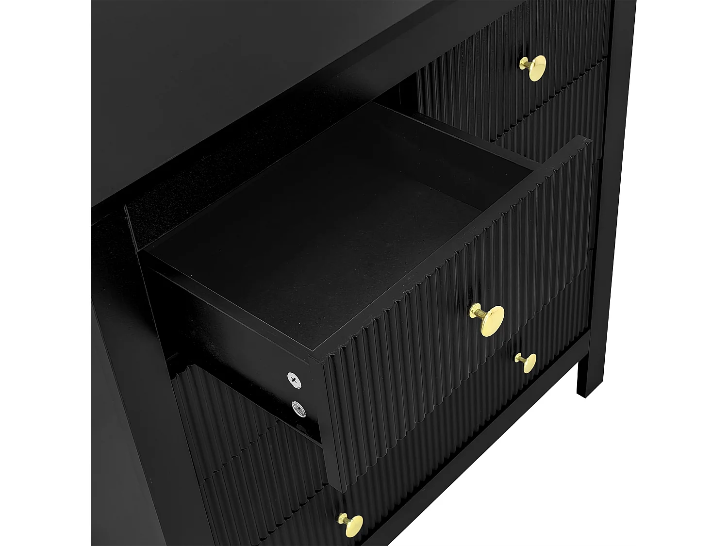 Commode 79x39.5x80.5 cm, 5 tiroirs texturés, poignées dorées, pieds épais, panneaux de particules noir