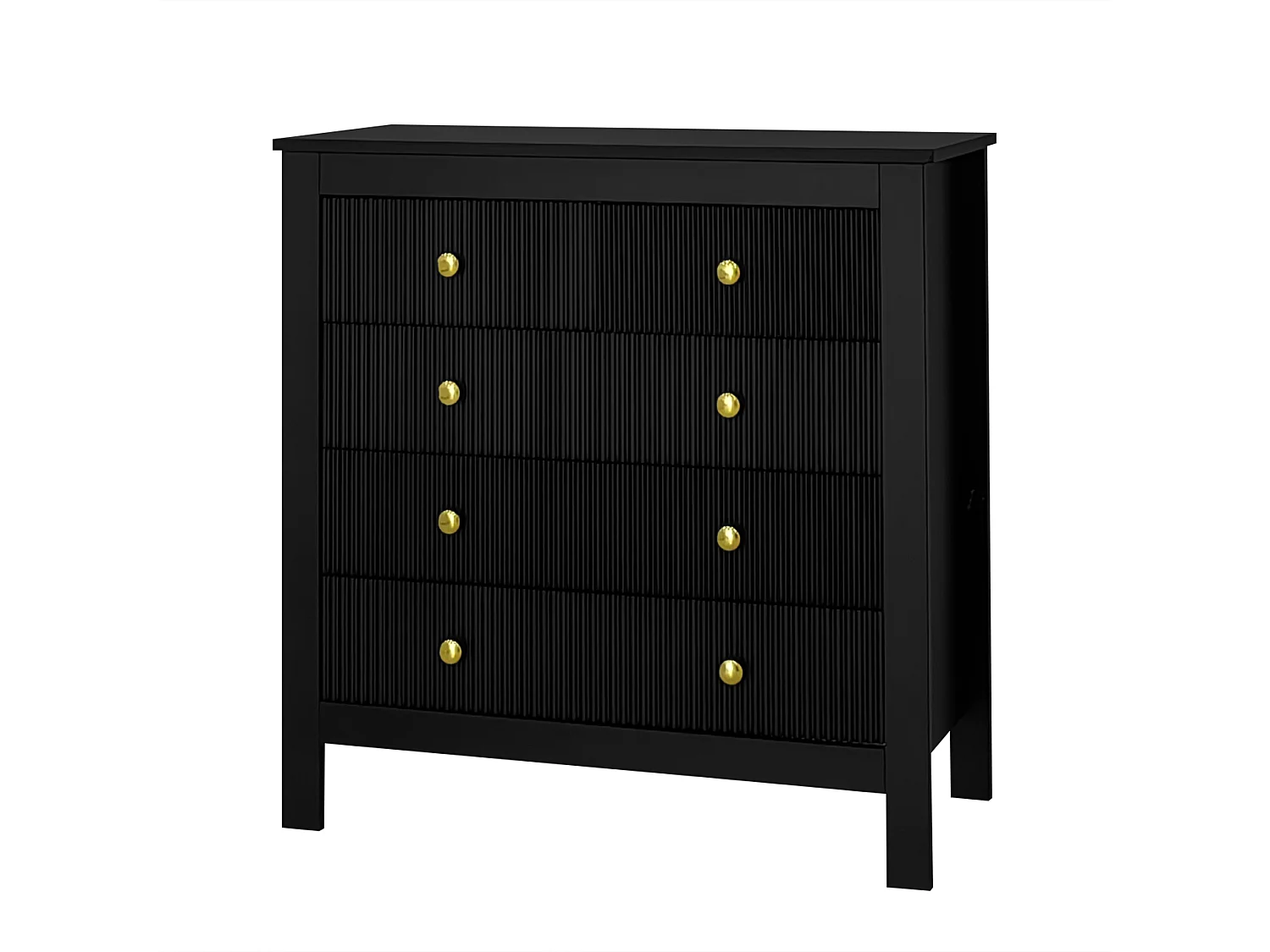 Commode 79x39.5x80.5 cm, 5 tiroirs texturés, poignées dorées, pieds épais, panneaux de particules noir