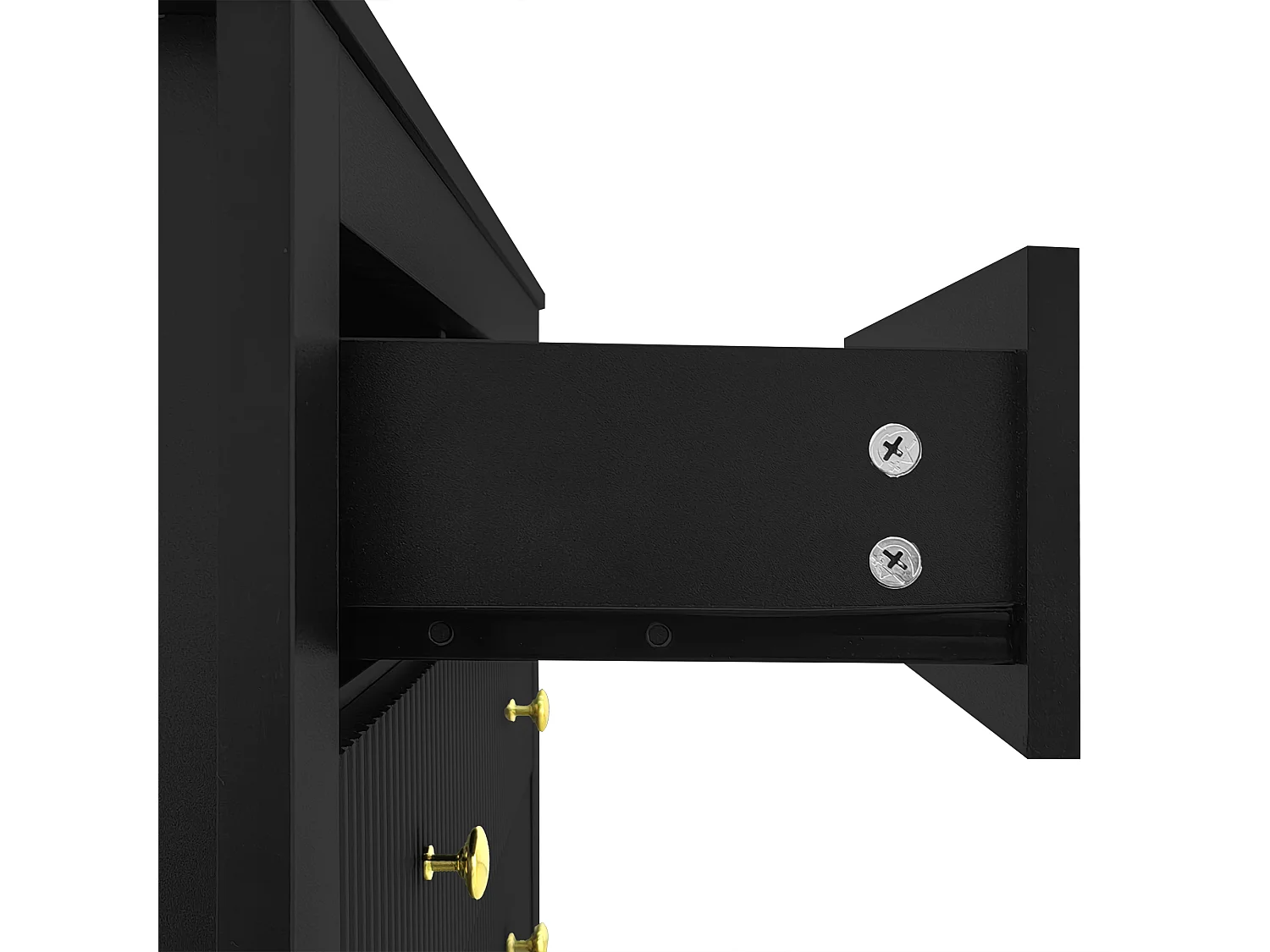 Commode 79x39.5x80.5 cm, 5 tiroirs texturés, poignées dorées, pieds épais, panneaux de particules noir