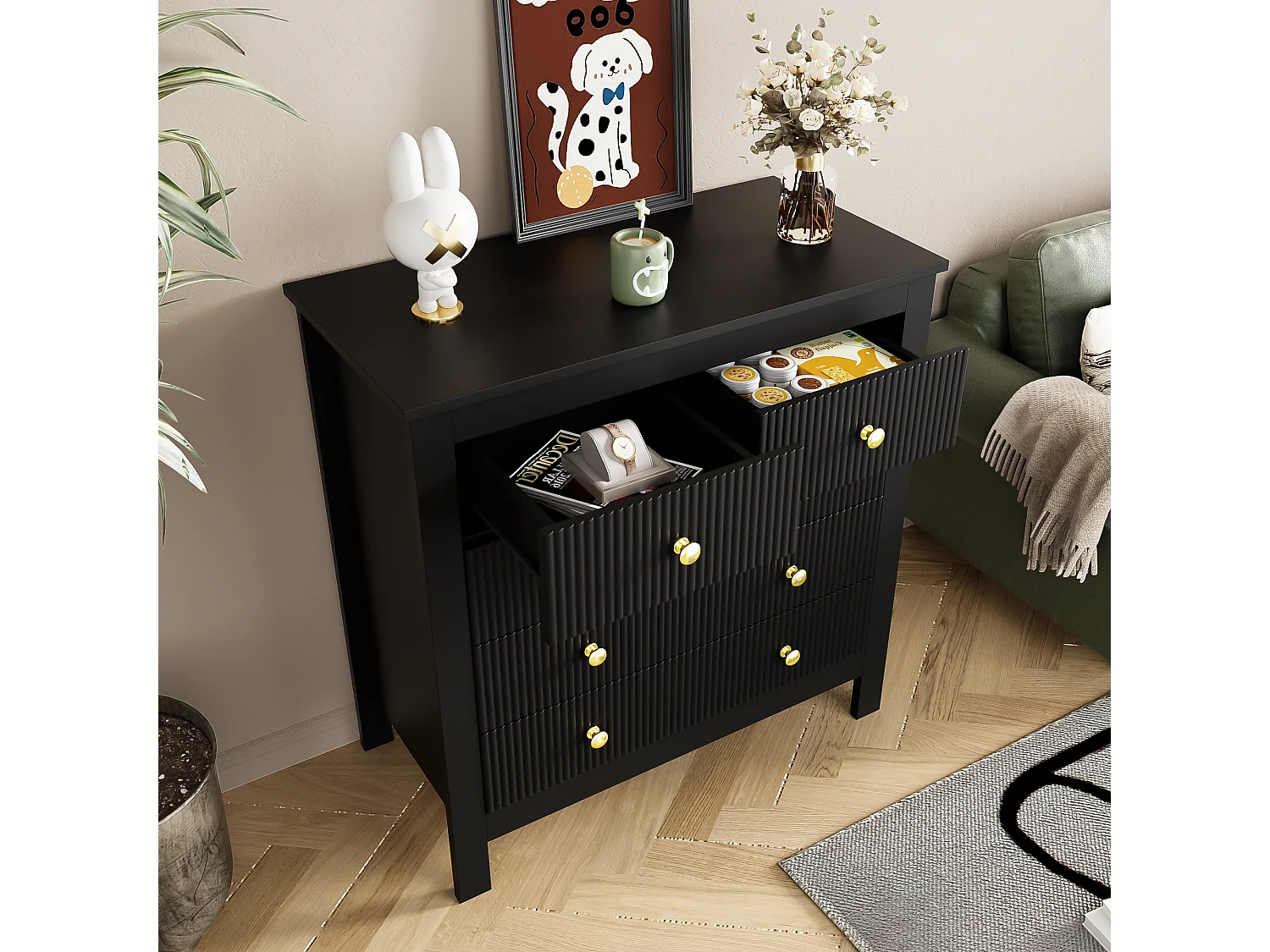 Commode 79x39.5x80.5 cm, 5 tiroirs texturés, poignées dorées, pieds épais, panneaux de particules noir