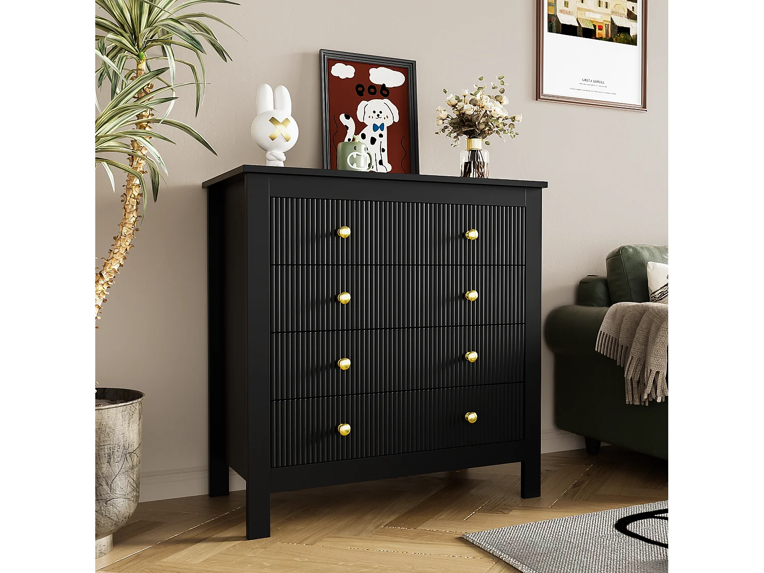 Commode 79x39.5x80.5 cm, 5 tiroirs texturés, poignées dorées, pieds épais, panneaux de particules noir
