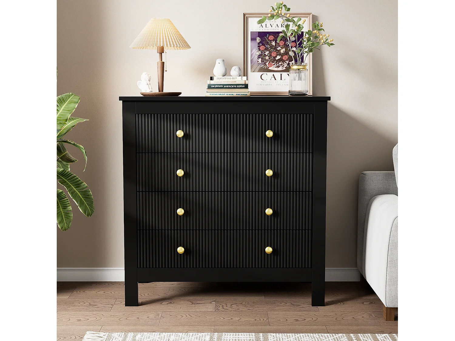 Commode 79x39.5x80.5 cm, 5 tiroirs texturés, poignées dorées, pieds épais, panneaux de particules noir