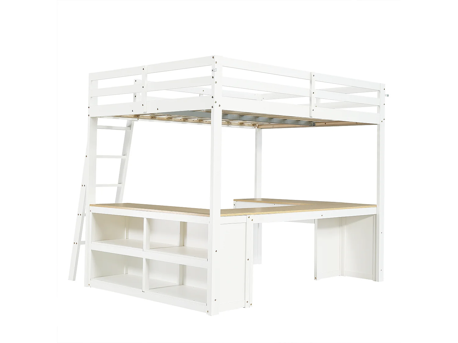 Lit superposé 140x200cm avec Deux tiroirs et étagères enblanc pour enfants et adolescents