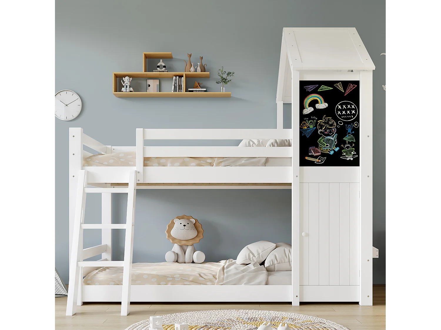 Lit superposé 90x200cm avec Échelle etpetite porte et tableau noir Panneaux de particules en blanc pour enfants et adolescents