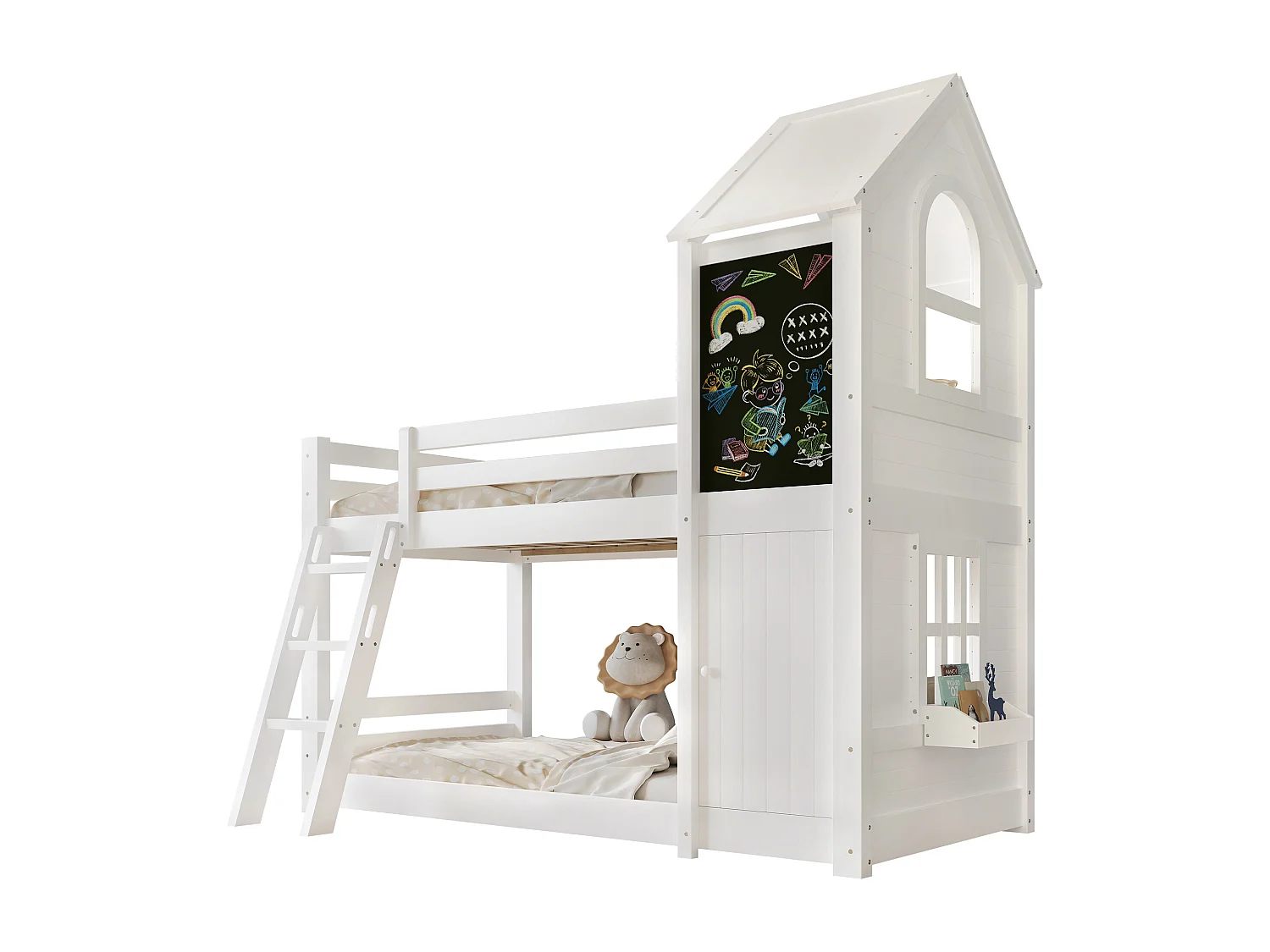 Lit superposé enfant 90x200 cm avec petite porte et tableau, fenêtres et toit, bois et MDF blanc (Sans matelas)