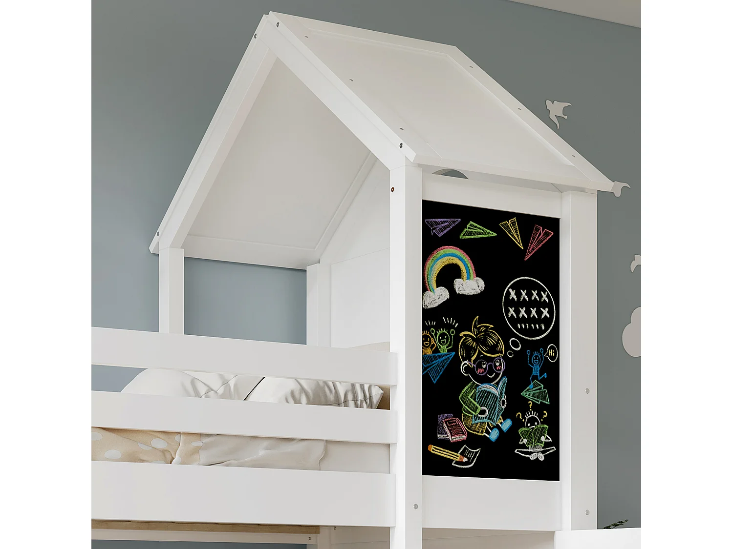 Lit superposé enfant 90x200 cm avec petite porte et tableau, fenêtres et toit, bois et MDF blanc (Sans matelas)