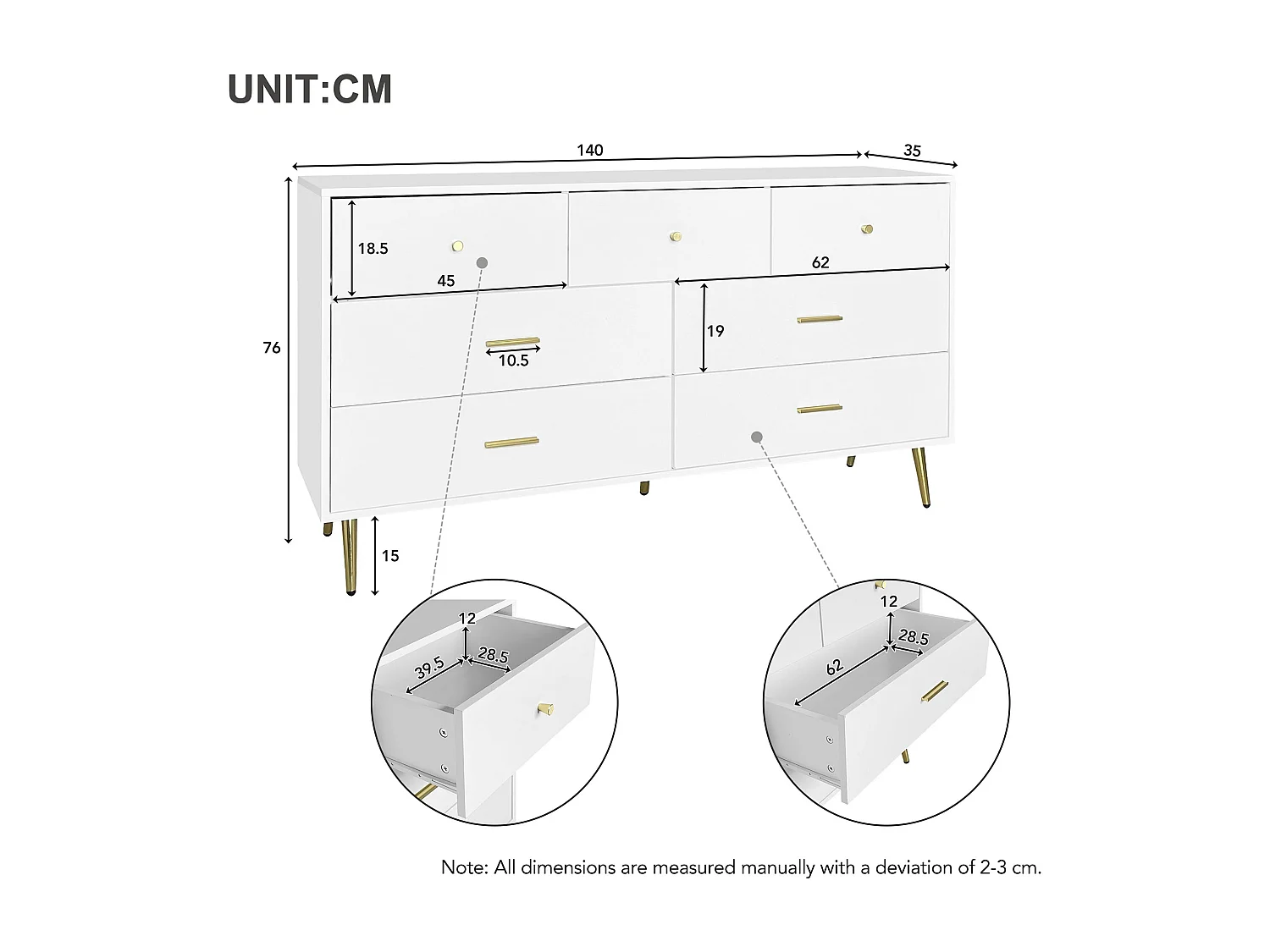 Buffet 140x35x76 cm, 7 tiroirs à glissières fluides, poignées et pieds dorés, panneaux de particules blanc