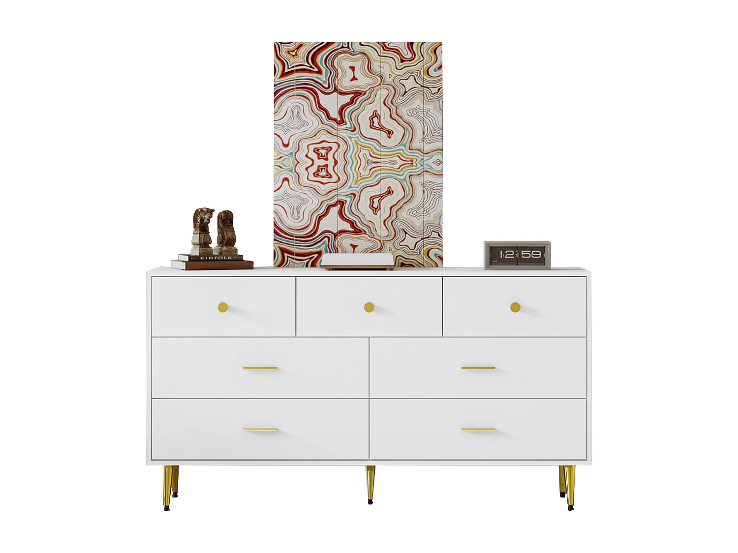 Buffet 140x35x76 cm, 7 tiroirs à glissières fluides, poignées et pieds dorés, panneaux de particules blanc
