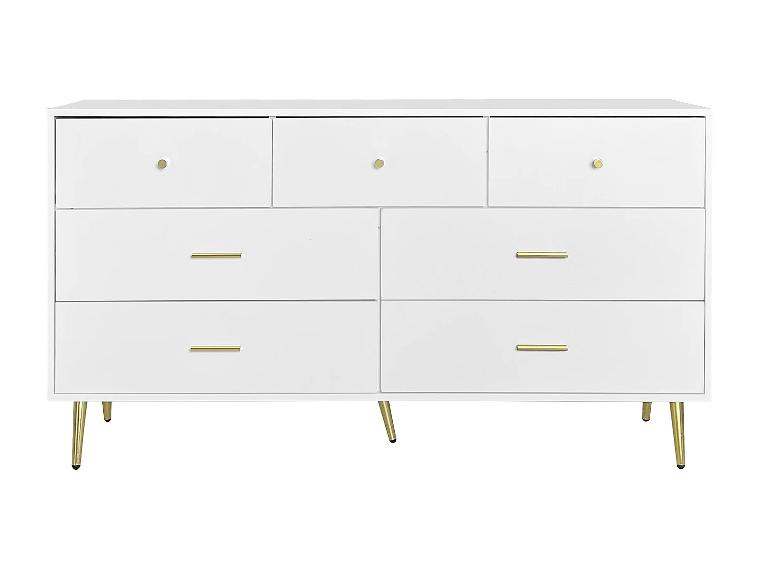 Buffet 140x35x76 cm  bois avec 7 tiroirs - meuble de rangement - pieds en métal - blanc
