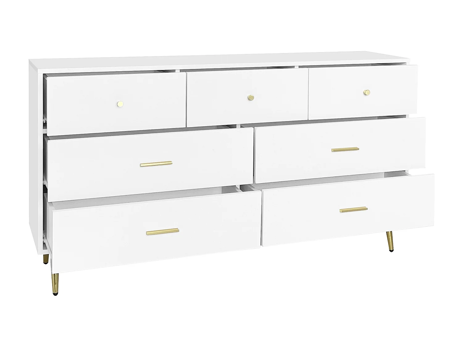 Buffet 140x35x76 cm, 7 tiroirs à glissières fluides, poignées et pieds dorés, panneaux de particules blanc