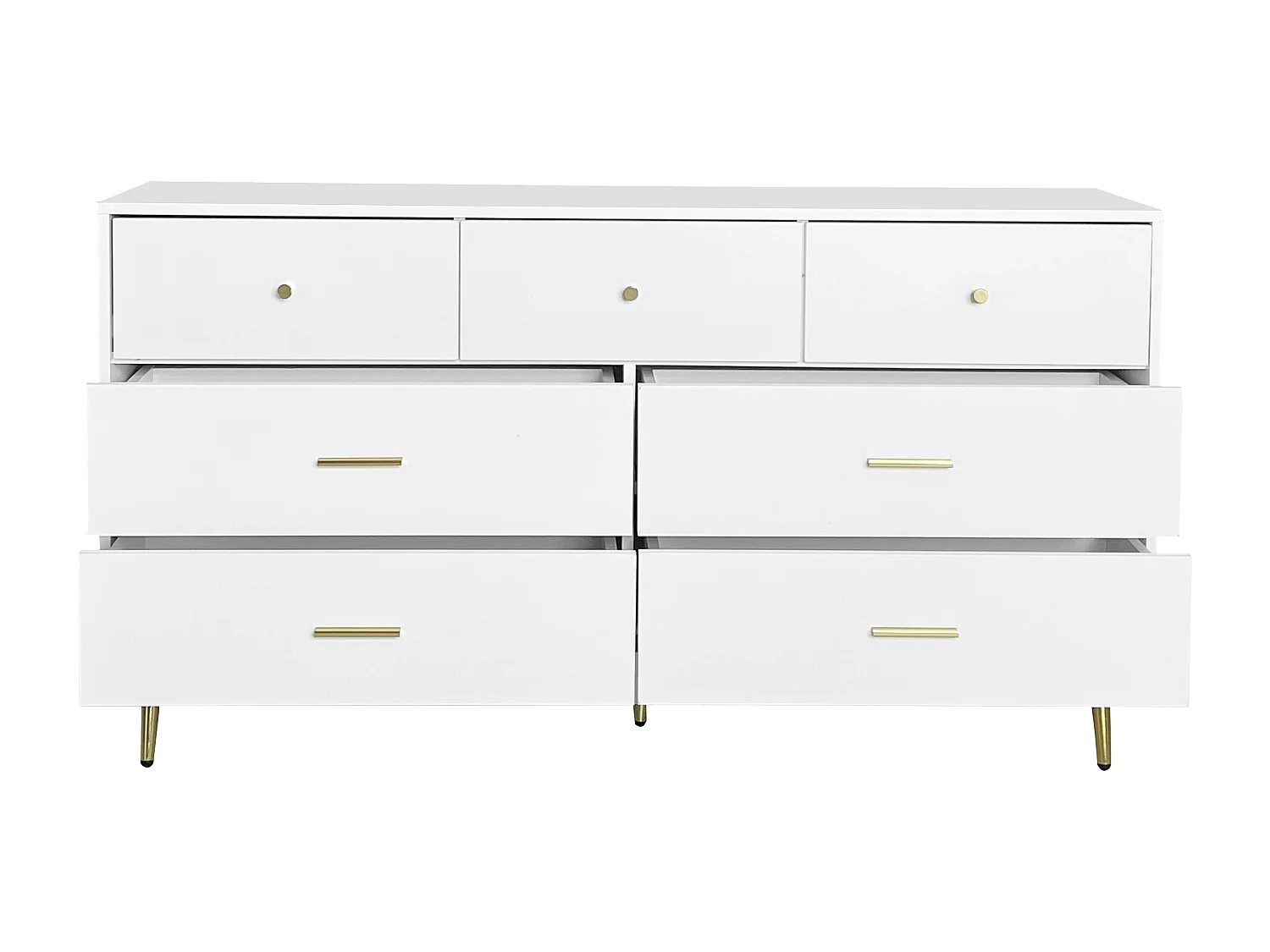 Buffet 140x35x76 cm, 7 tiroirs à glissières fluides, poignées et pieds dorés, panneaux de particules blanc