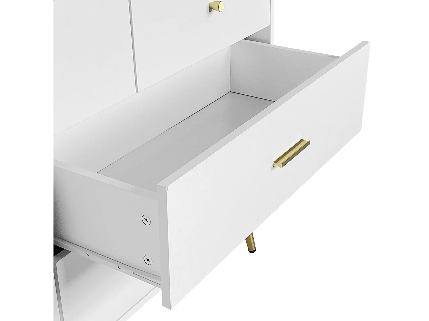 Buffet 140x35x76 cm, 7 tiroirs à glissières fluides, poignées et pieds dorés, panneaux de particules blanc