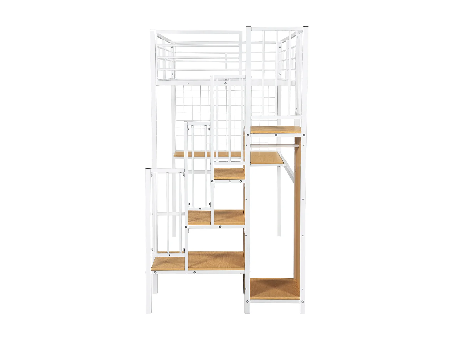 Lit mezzanine 90x200 cm avec escalier latéral et armoire, structure en métal et MDF, blanc et naturel (Sans matelas)