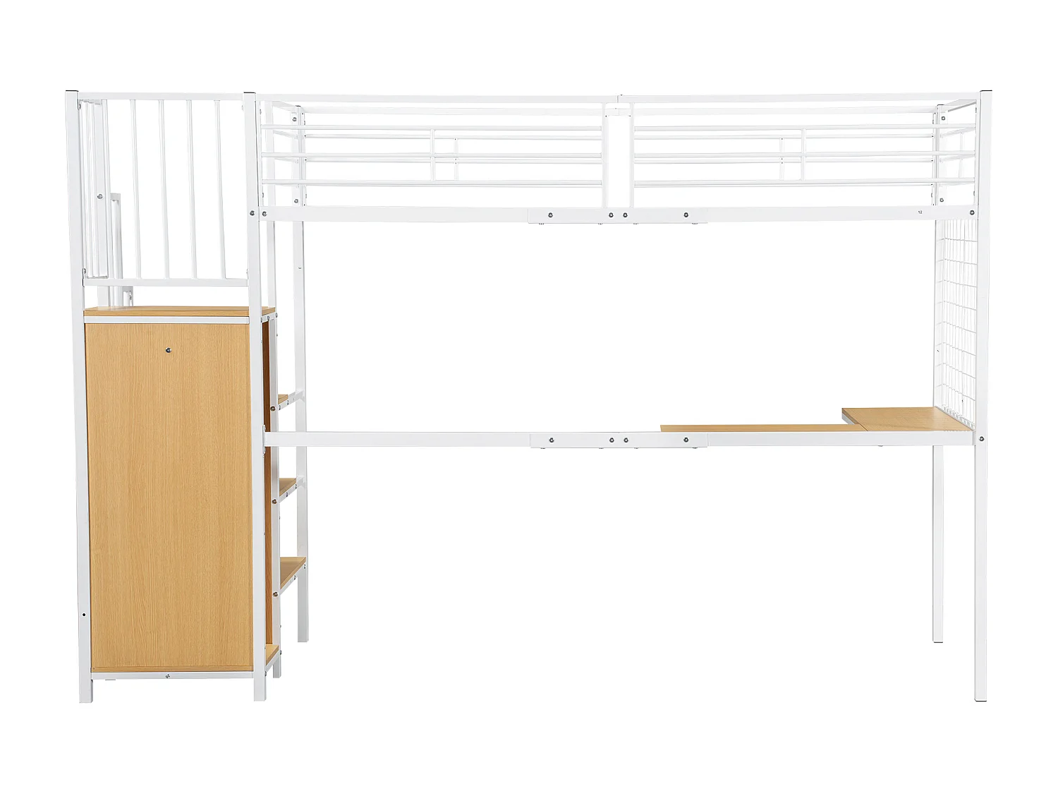 Lit mezzanine 90x200 cm avec escalier latéral et armoire, structure en métal et MDF, blanc et naturel (Sans matelas)