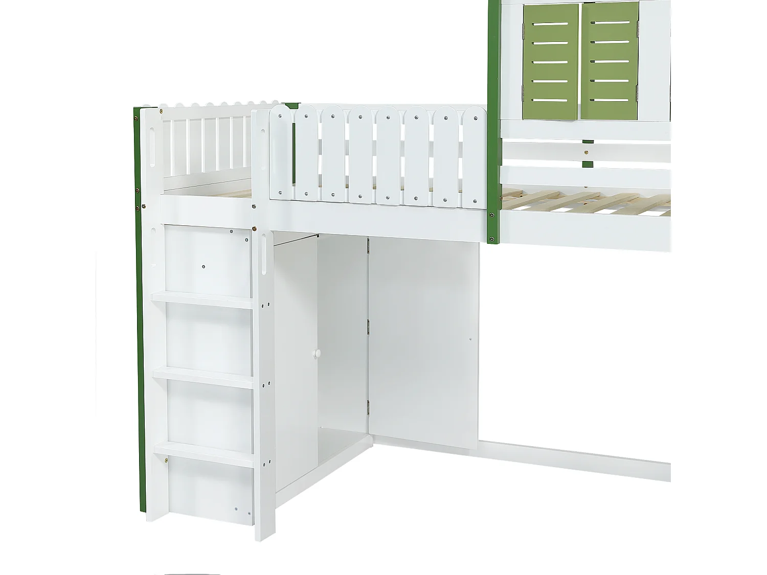 Lit superposé 90x200cm avec échelle et armoire et rangement et rambarde antichute en blanc pour enfants et adolescents