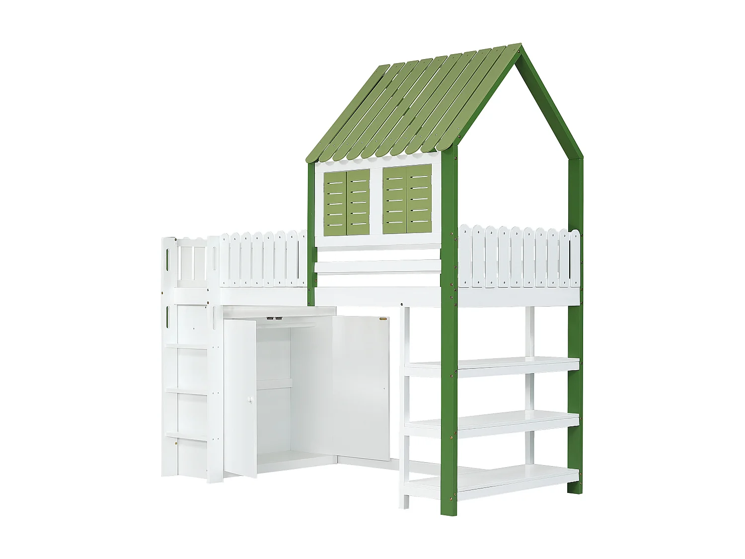 Lit mezzanine enfant 90x200 cm avec toit et fenêtres, rangement et armoire, échelle 3 marches, bois et MDF blanc et vert (Sans matelas)