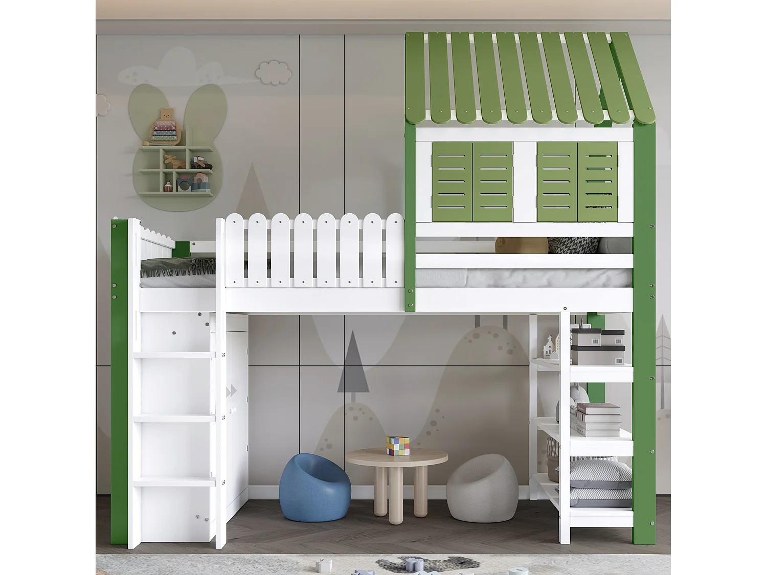 Lit mezzanine enfant 90x200 cm avec toit et fenêtres, rangement et armoire, échelle 3 marches, bois et MDF blanc et vert (Sans matelas)