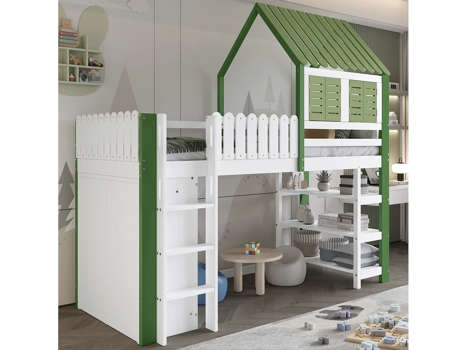 Lit mezzanine enfant 90x200 cm avec toit et fenêtres, rangement et armoire, échelle 3 marches, bois et MDF blanc et vert (Sans matelas)