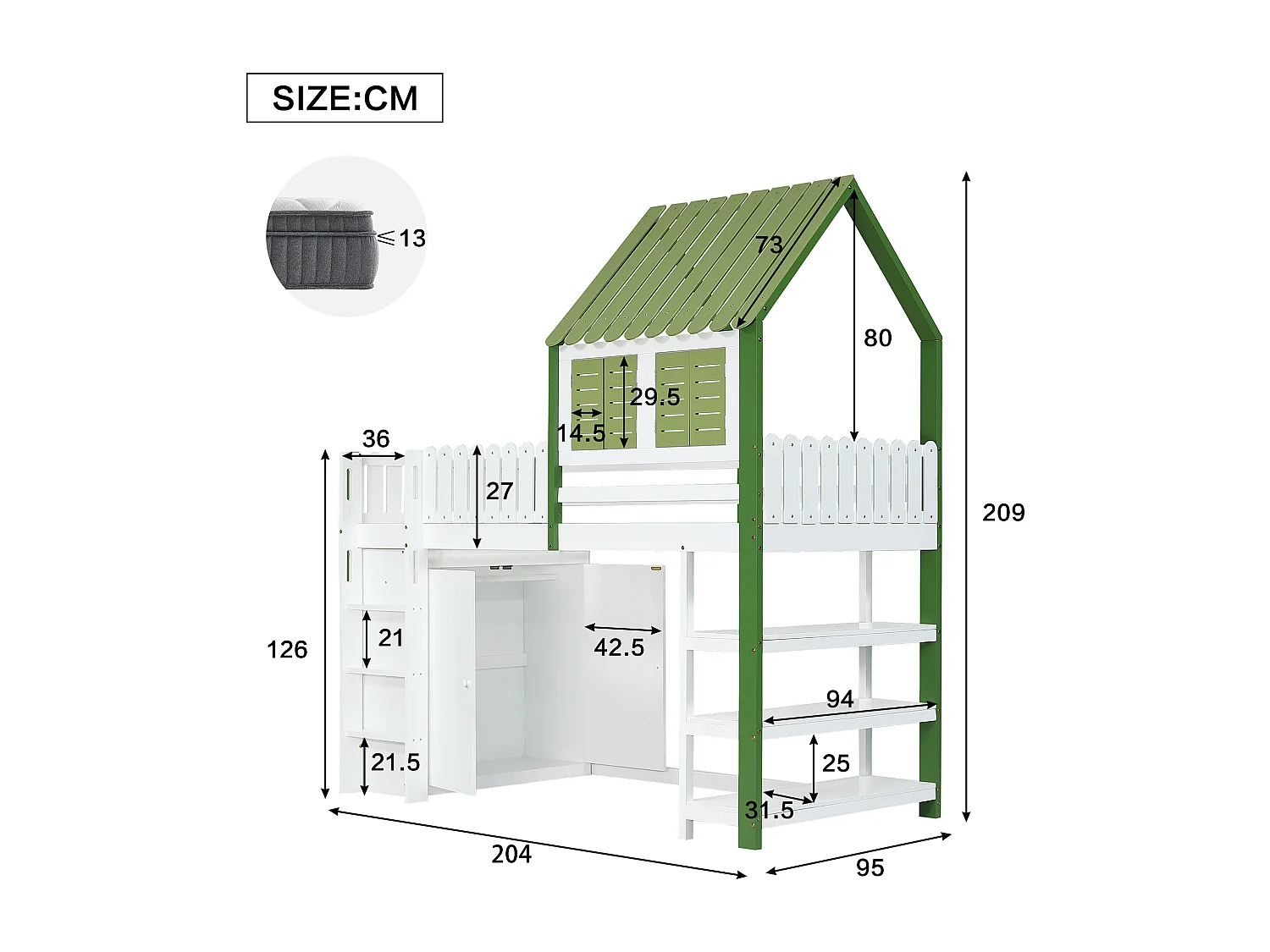 Lit mezzanine enfant 90x200 cm avec toit et fenêtres, rangement et armoire, échelle 3 marches, bois et MDF blanc et vert (Sans matelas)