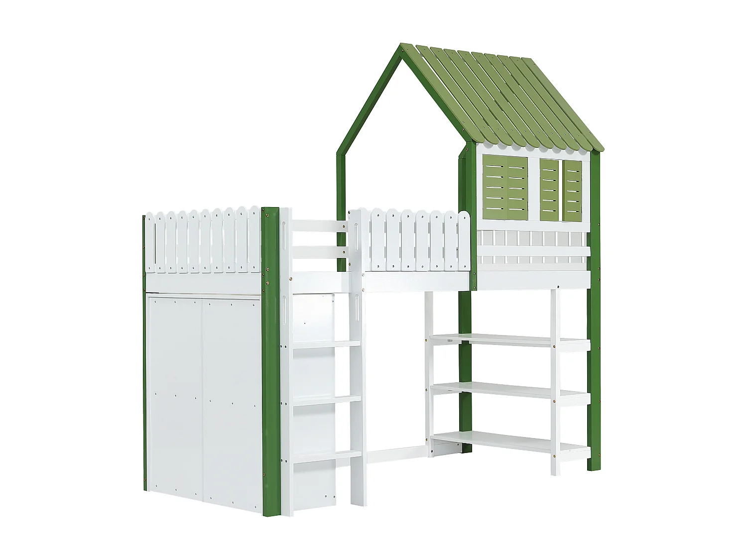 Lit mezzanine enfant 90x200 cm avec toit et fenêtres, rangement et armoire, échelle 3 marches, bois et MDF blanc et vert (Sans matelas)
