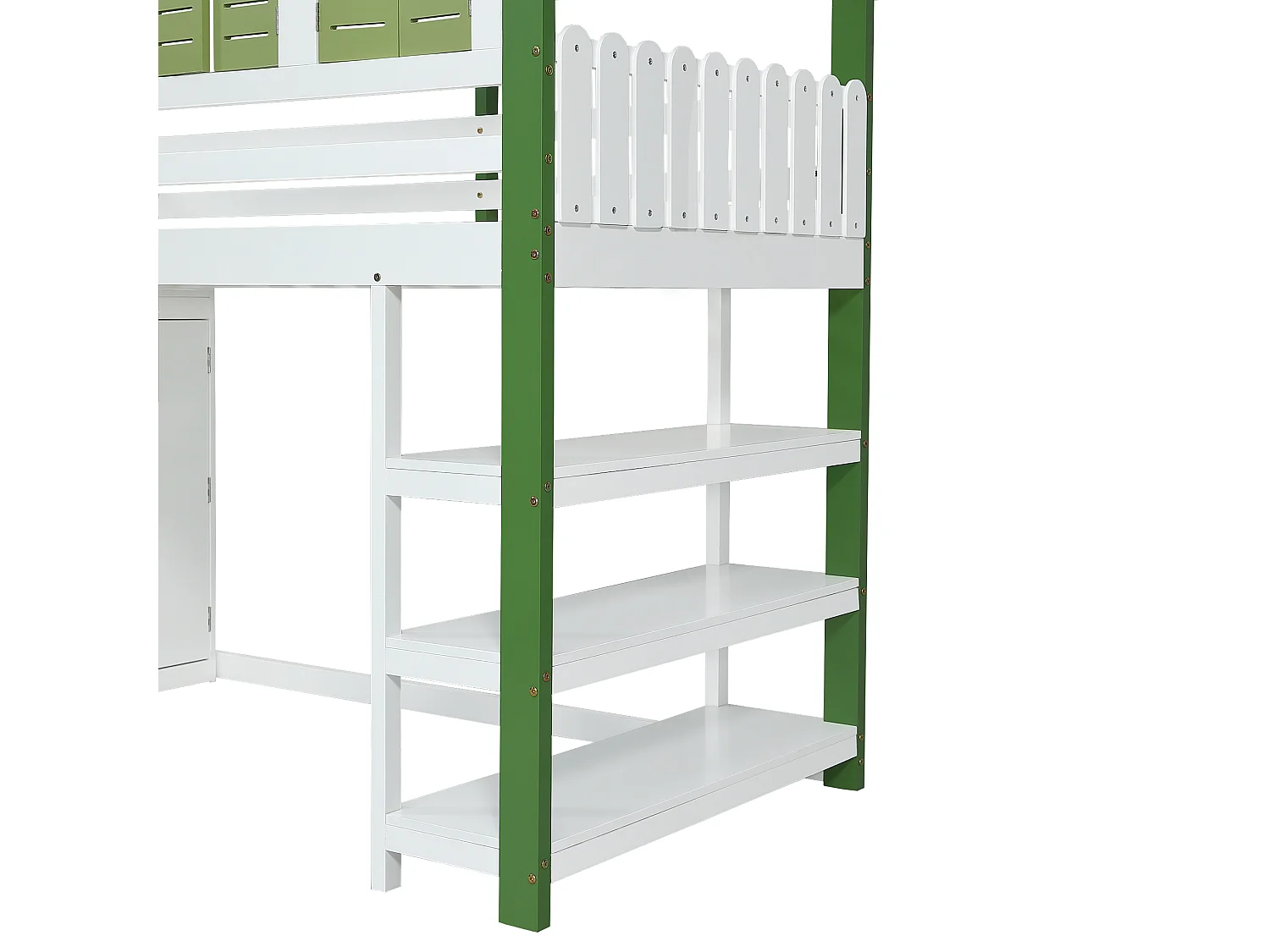 Lit mezzanine enfant 90x200 cm avec toit et fenêtres, rangement et armoire, échelle 3 marches, bois et MDF blanc et vert (Sans matelas)