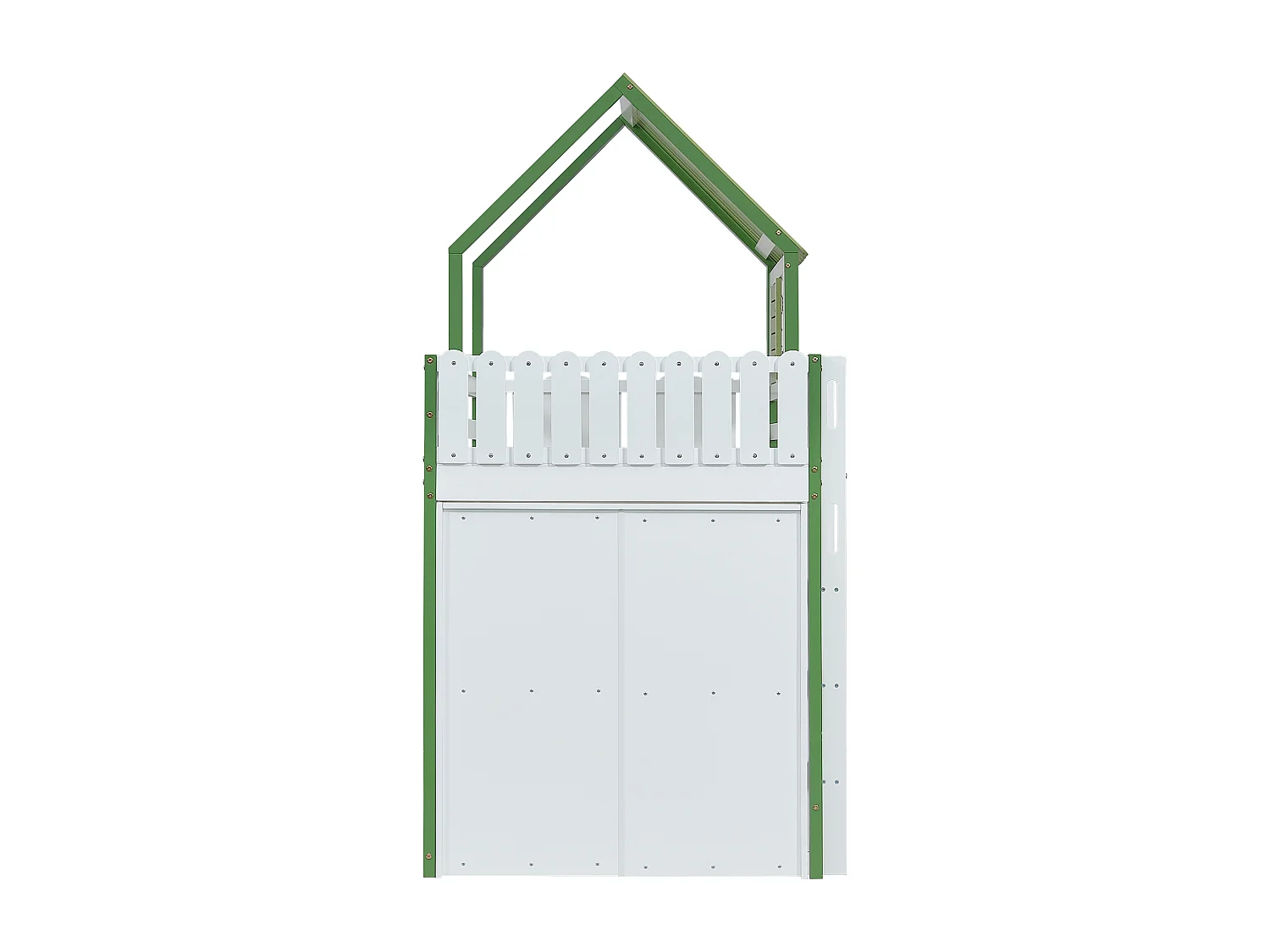 Lit mezzanine enfant 90x200 cm avec toit et fenêtres, rangement et armoire, échelle 3 marches, bois et MDF blanc et vert (Sans matelas)