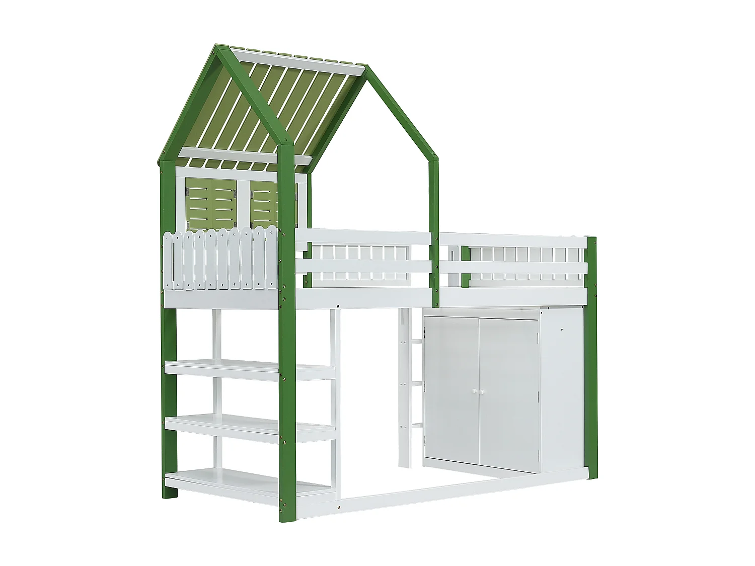 Lit mezzanine enfant 90x200 cm avec toit et fenêtres, rangement et armoire, échelle 3 marches, bois et MDF blanc et vert (Sans matelas)