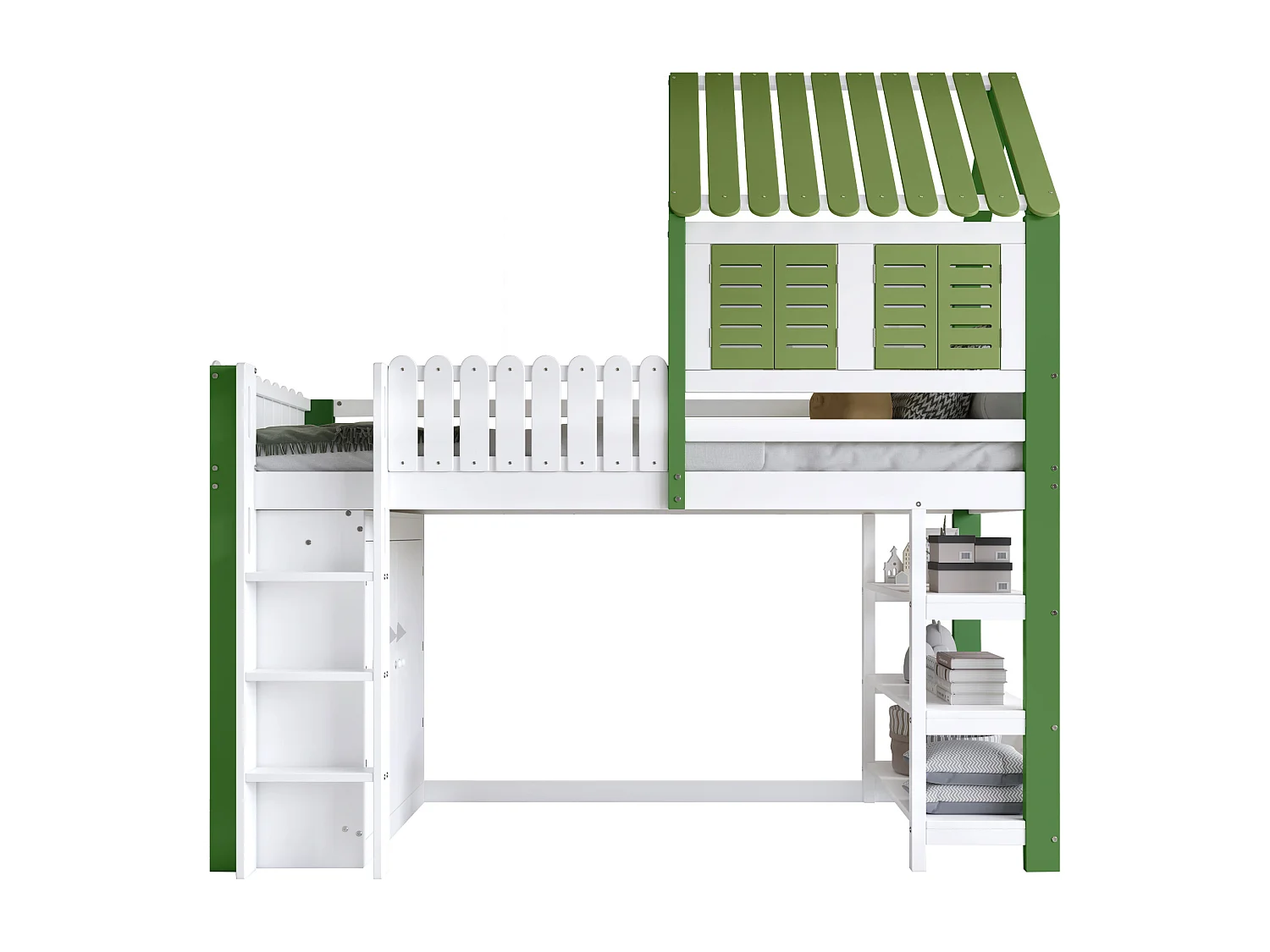 Lit mezzanine enfant 90x200 cm avec toit et fenêtres, rangement et armoire, échelle 3 marches, bois et MDF blanc et vert (Sans matelas)