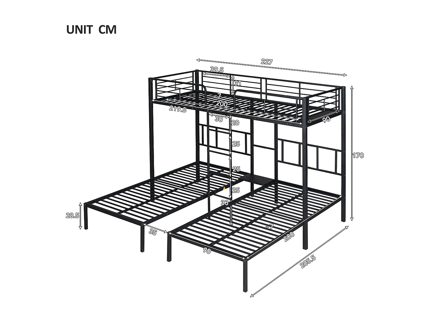 Lit superposé triple 90x200cm avec échelle et barrières de sécurité et table en noir pour enfants et adolescents