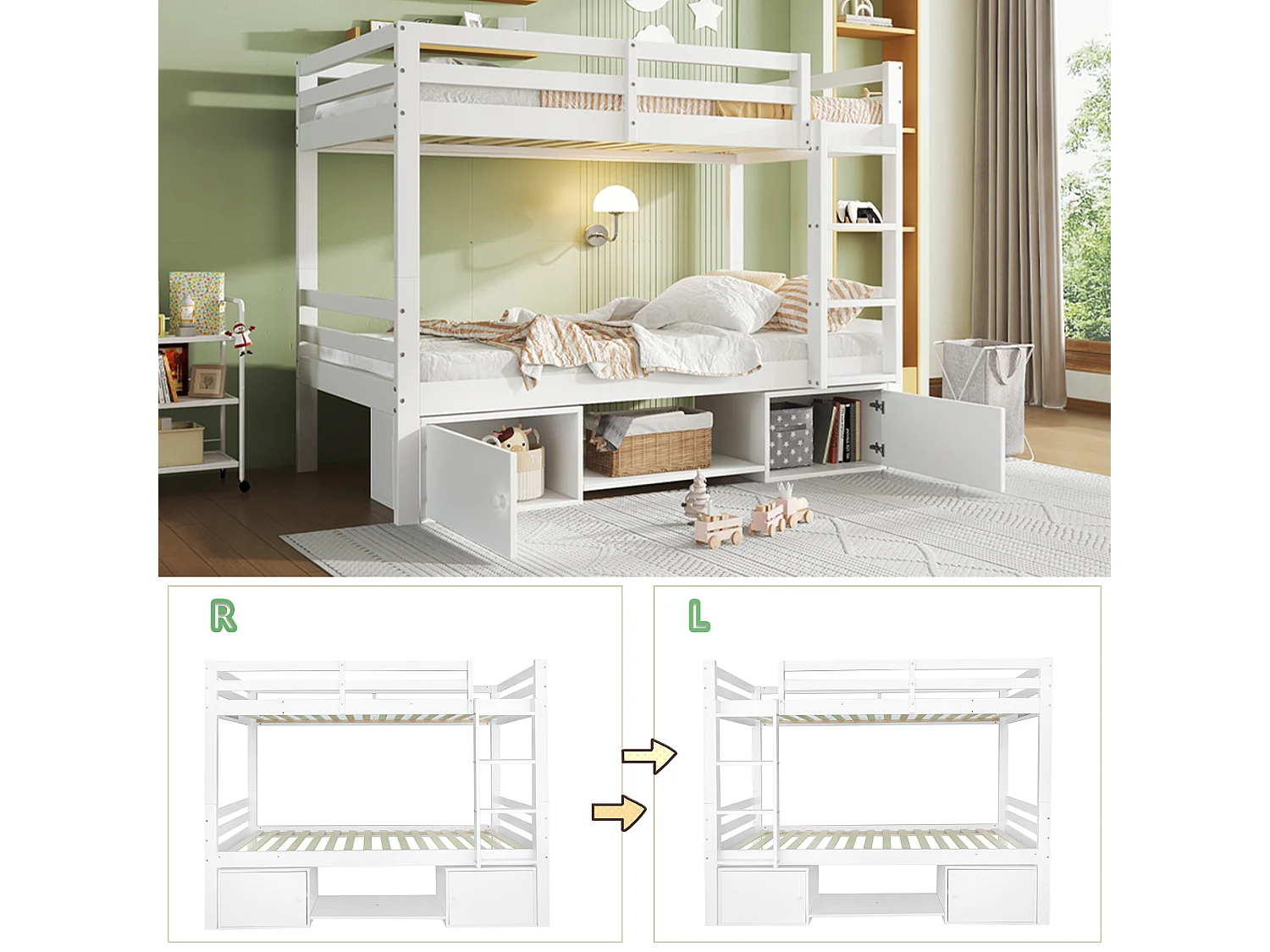 Lit superposé 90x200cm avec étagère à chaussures et placards de rangement Matériau MDF en blanc pour enfants et adolescents