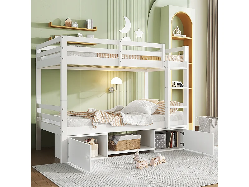 Lit superposé 90x200cm avec étagère à chaussures et placards de rangement Matériau MDF en blanc pour enfants et adolescents