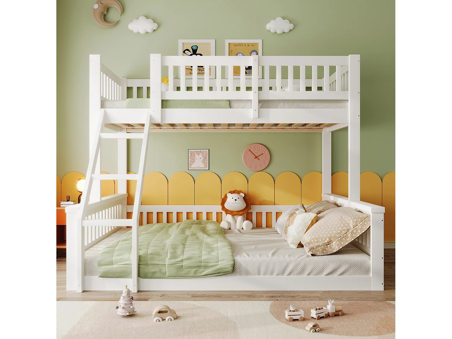 Lit superposé 90x200cm avec échelle et rambarde en blanc pour enfants et adolescents