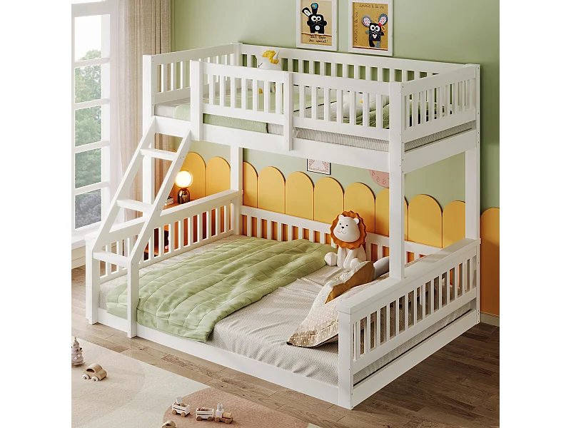 Lit superposé 90x200cm avec échelle et rambarde en blanc pour enfants et adolescents
