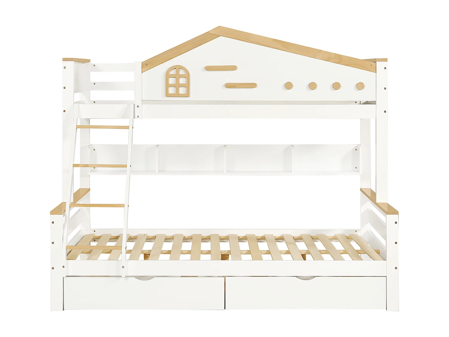 Lit superposé 90x200cm avec deux tiroirs et étagères ouvertes et rambarde en blanc pour enfants et adolescents