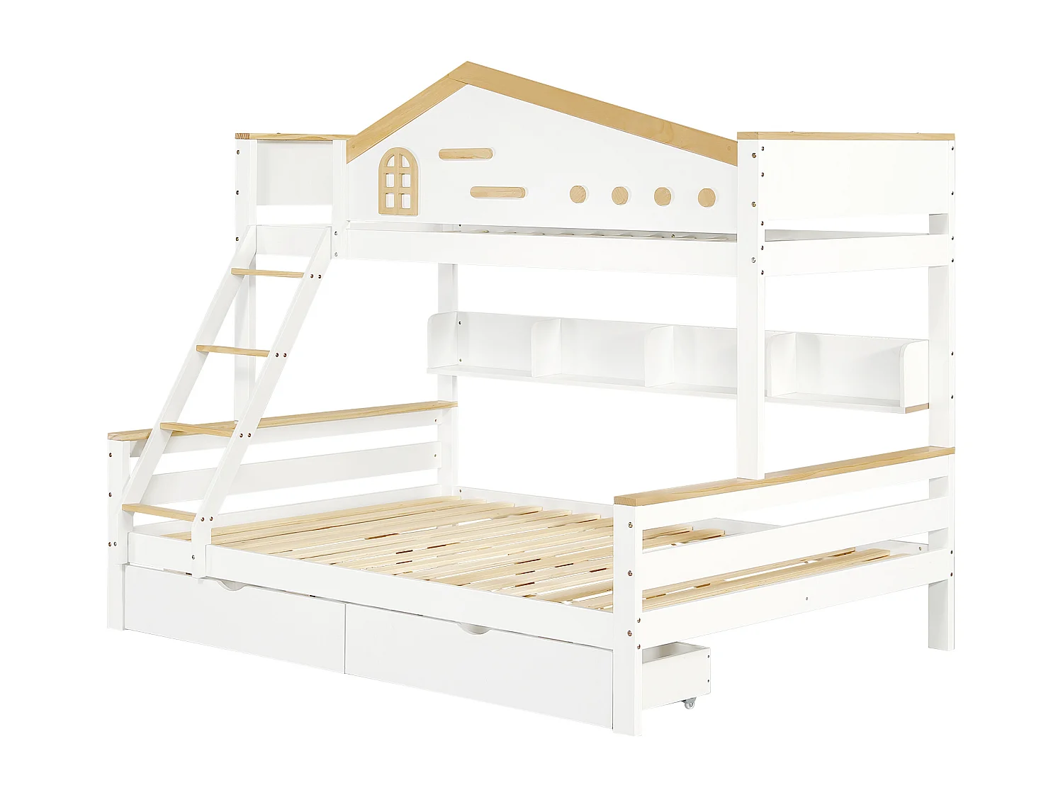 Lit superposé enfant 90x200 cm et 140x200 cm avec 2 tiroirs et étagère, bois et MDF, blanc et naturel (Sans matelas)