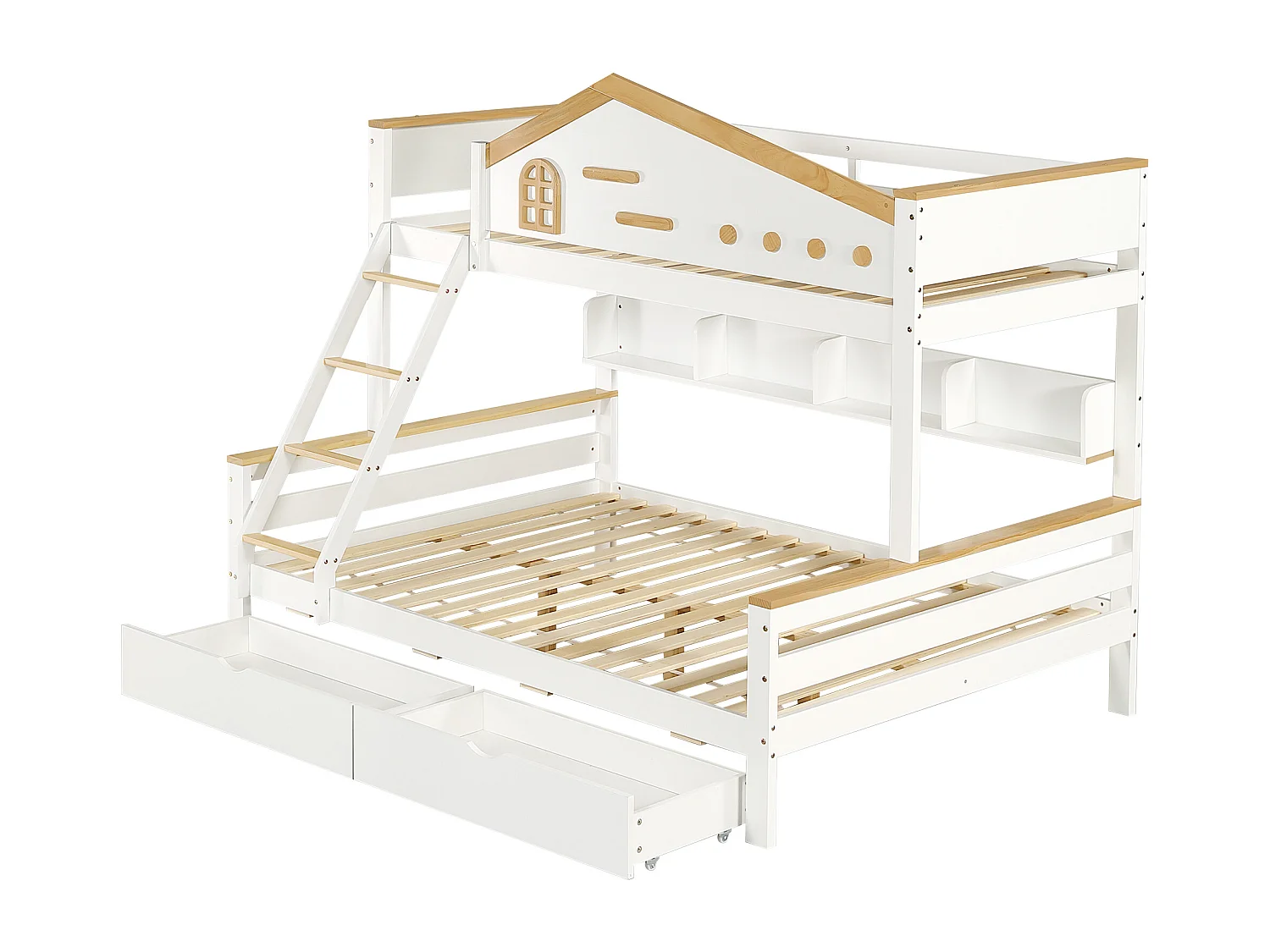 Lit superposé enfant 90x200 cm et 140x200 cm avec 2 tiroirs et étagère, bois et MDF, blanc et naturel (Sans matelas)