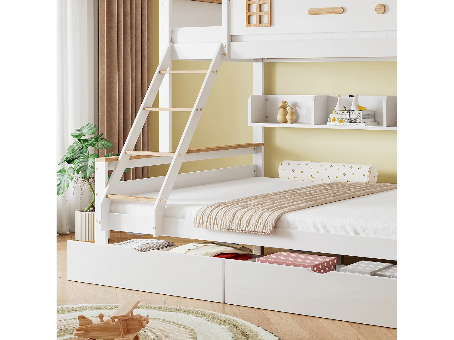 Lit superposé enfant 90x200 cm et 140x200 cm avec 2 tiroirs et étagère, bois et MDF, blanc et naturel (Sans matelas)