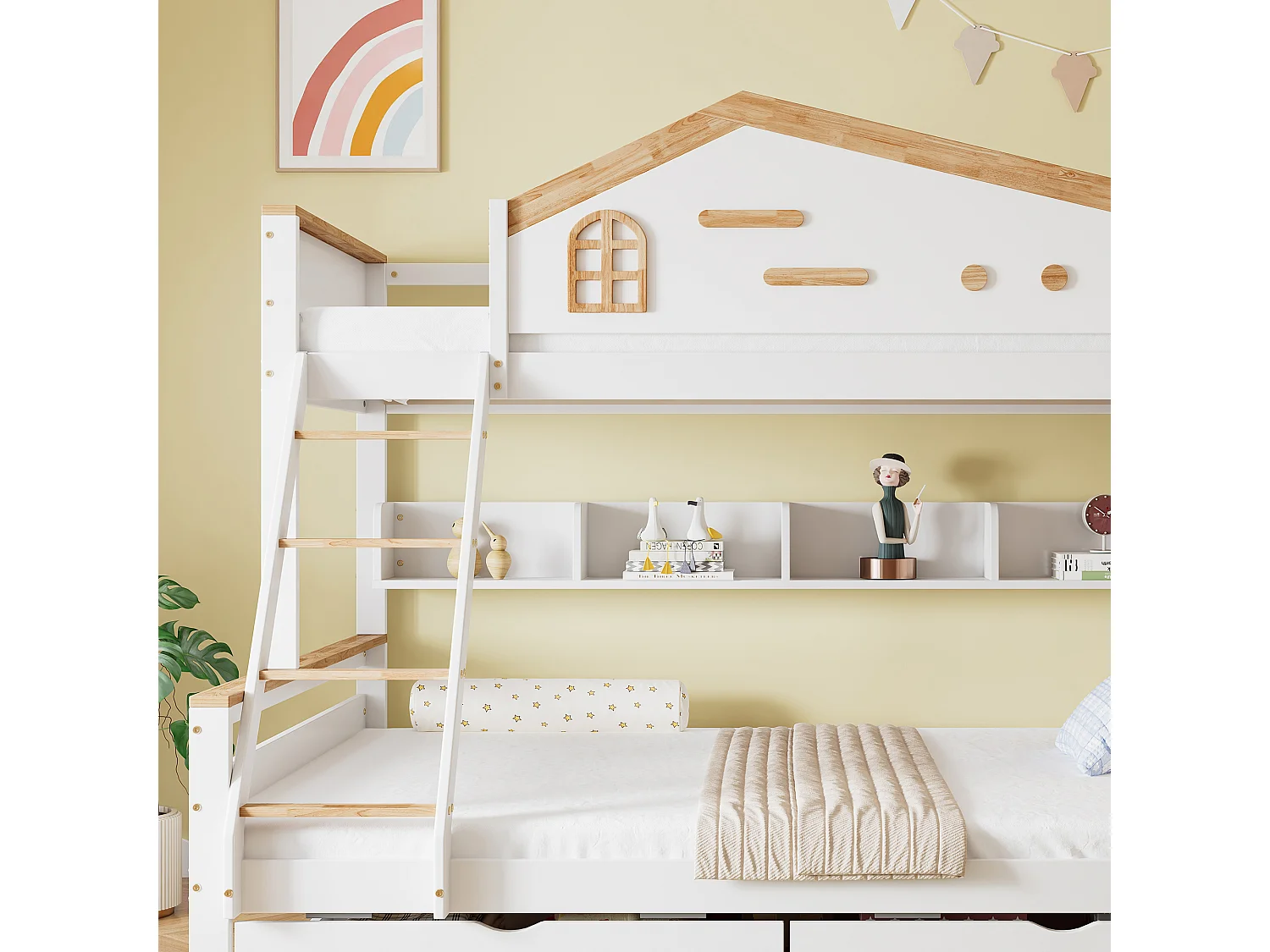 Lit superposé enfant 90x200 cm et 140x200 cm avec 2 tiroirs et étagère, bois et MDF, blanc et naturel (Sans matelas)