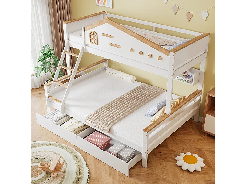 Lit superposé 90x200cm avec deux tiroirs et étagères ouvertes et rambarde en blanc pour enfants et adolescents