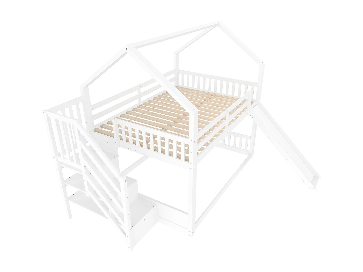 Lit superposé 140x200 cm avec toboggan, escalier de rangement et barrières, pin et MDF blanc (Sans matelas)