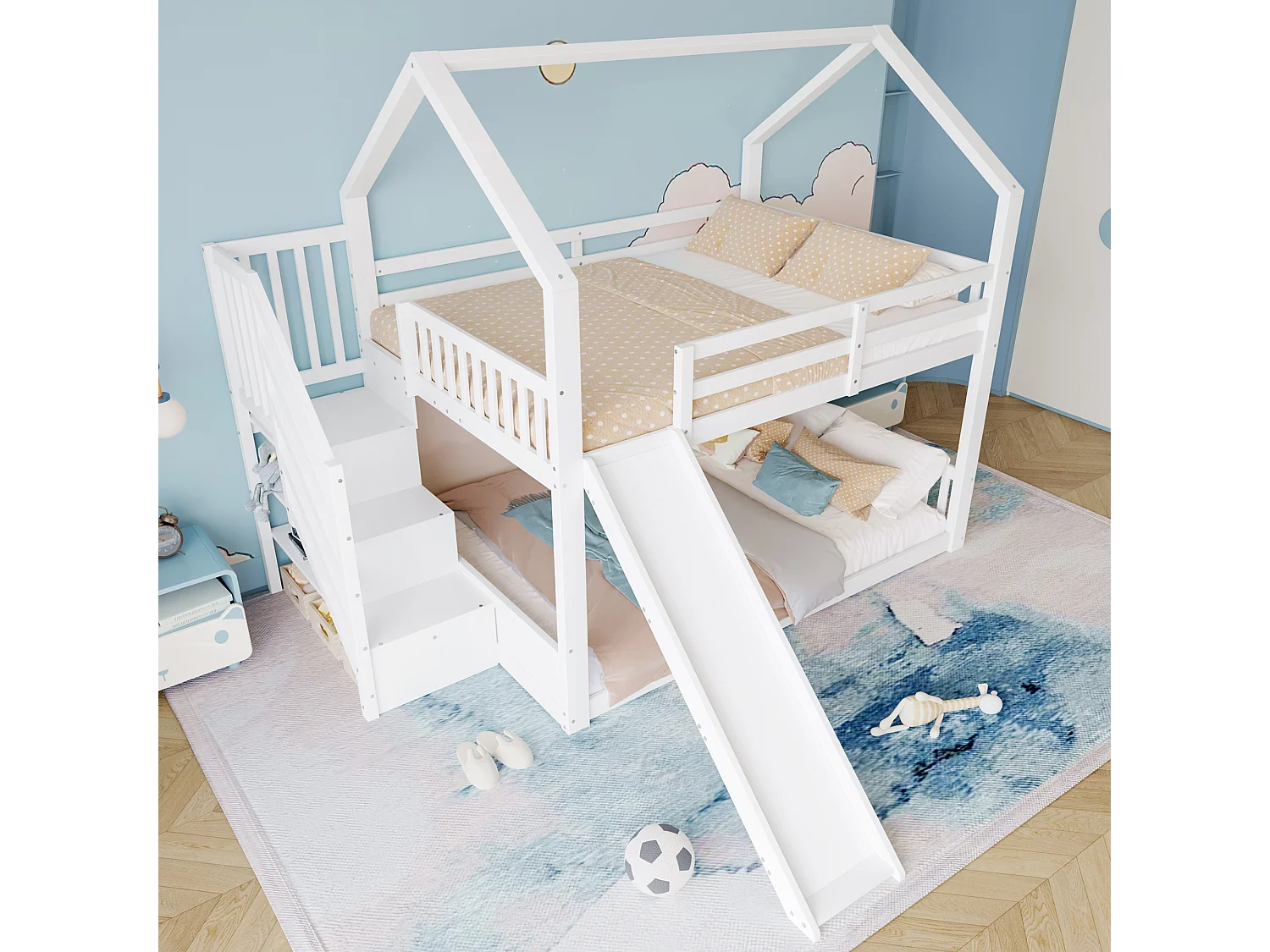 Lit superposé 140x200 cm avec toboggan, escalier de rangement et barrières, pin et MDF blanc (Sans matelas)