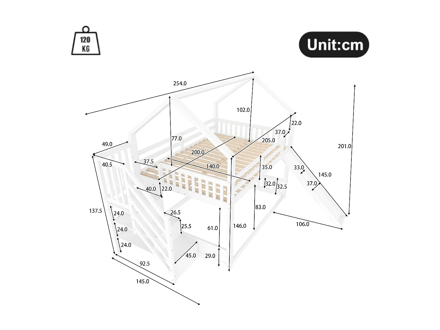 Lit superposé 140x200 cm avec toboggan, escalier de rangement et barrières, pin et MDF blanc (Sans matelas)