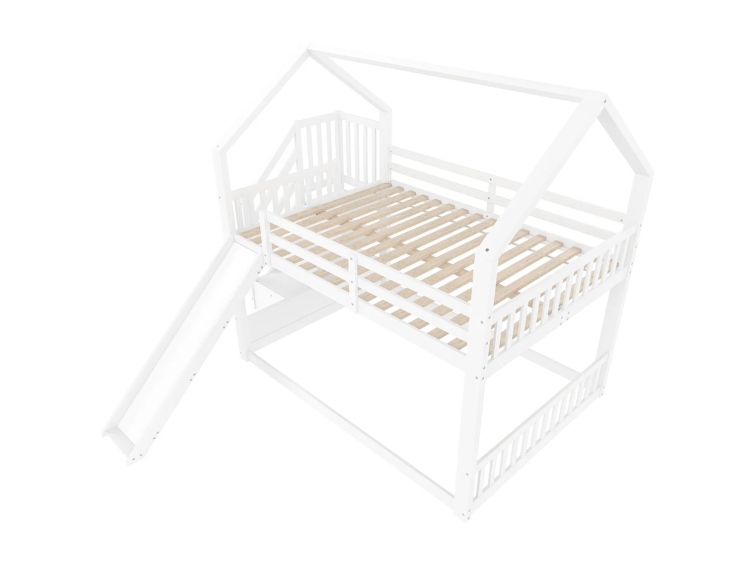 Lit superposé 140x200 cm avec toboggan, escalier de rangement et barrières, pin et MDF blanc (Sans matelas)