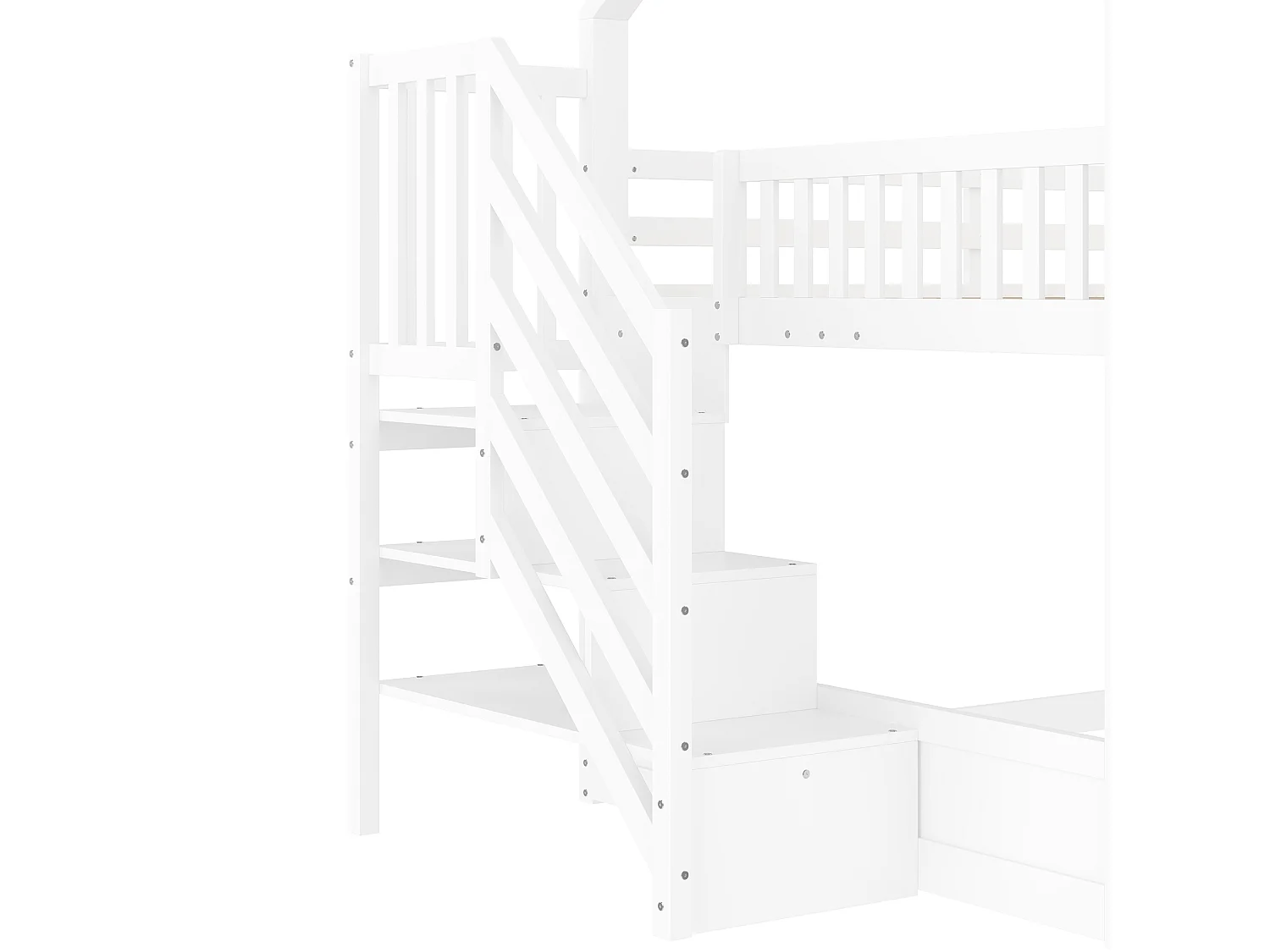 Lit superposé 140x200 cm avec toboggan, escalier de rangement et barrières, pin et MDF blanc (Sans matelas)