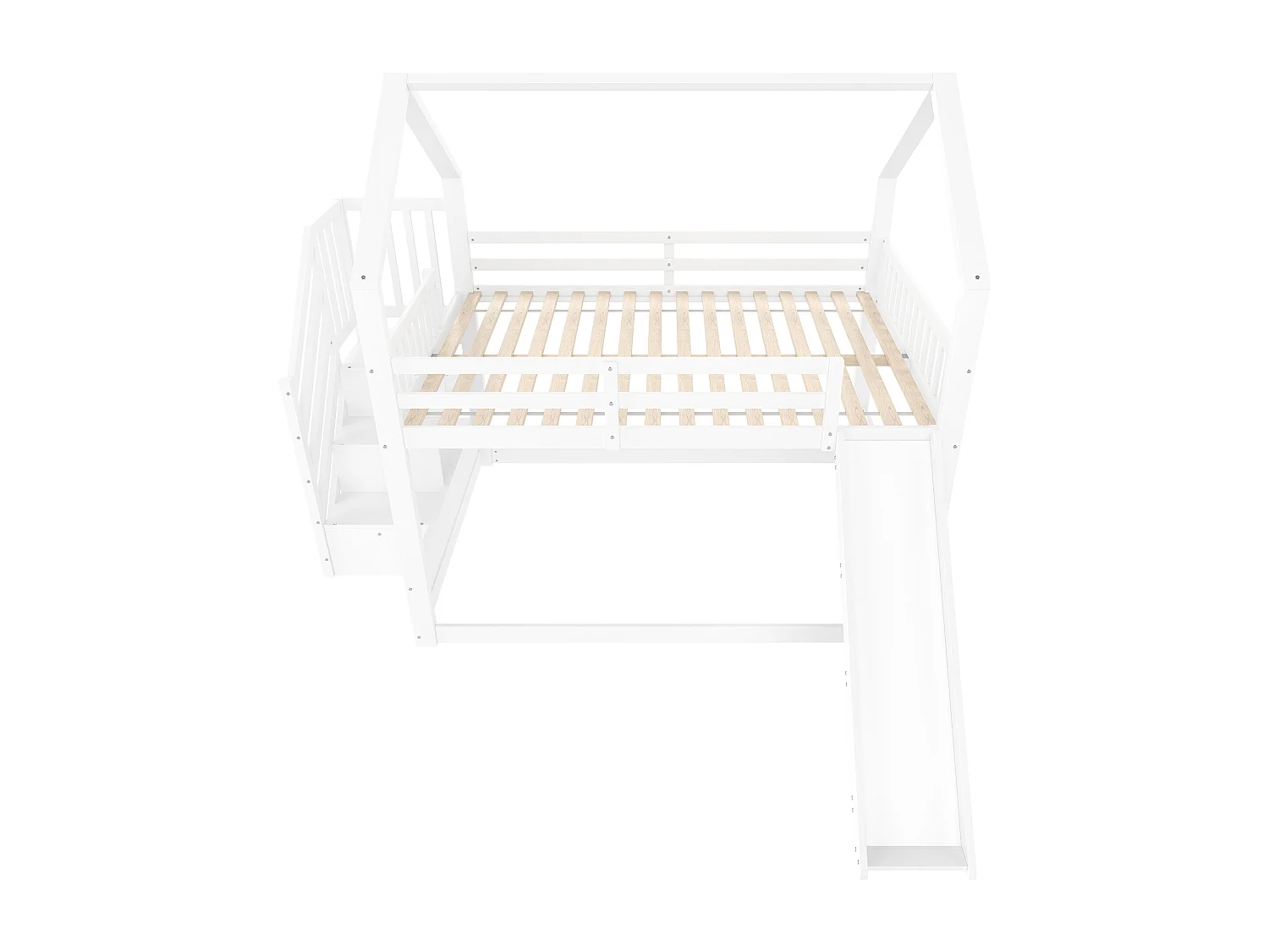 Lit superposé 140x200 cm avec toboggan, escalier de rangement et barrières, pin et MDF blanc (Sans matelas)